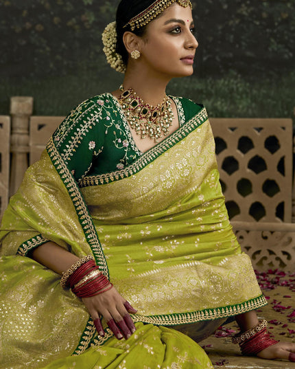 Beautiful Lime Green Dola Silk Embroidered Wedding Saree