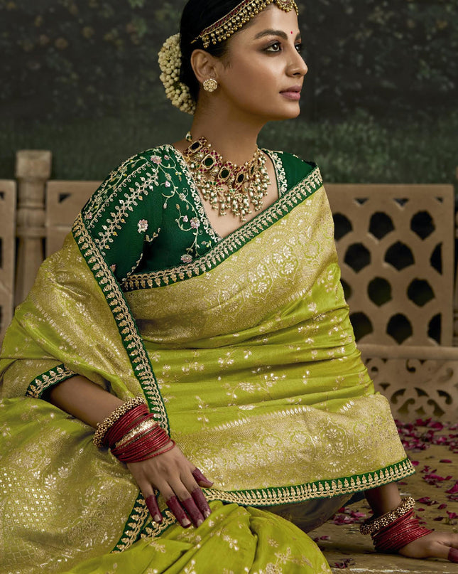 Beautiful Lime Green Dola Silk Embroidered Wedding Saree