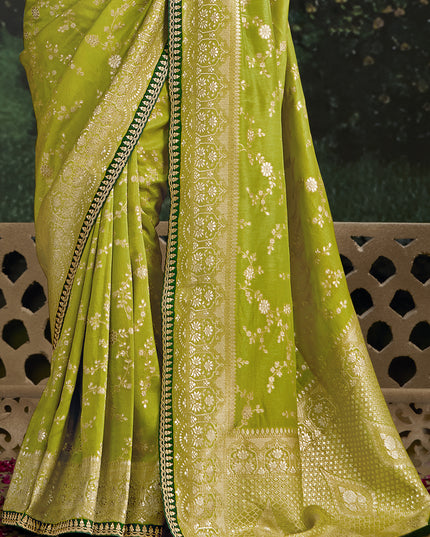 Beautiful Lime Green Dola Silk Embroidered Wedding Saree