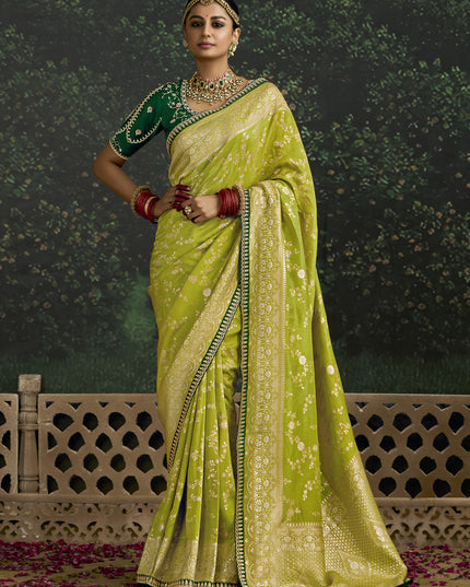Beautiful Lime Green Dola Silk Embroidered Wedding Saree