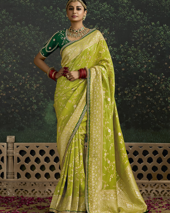 Beautiful Lime Green Dola Silk Embroidered Wedding Saree