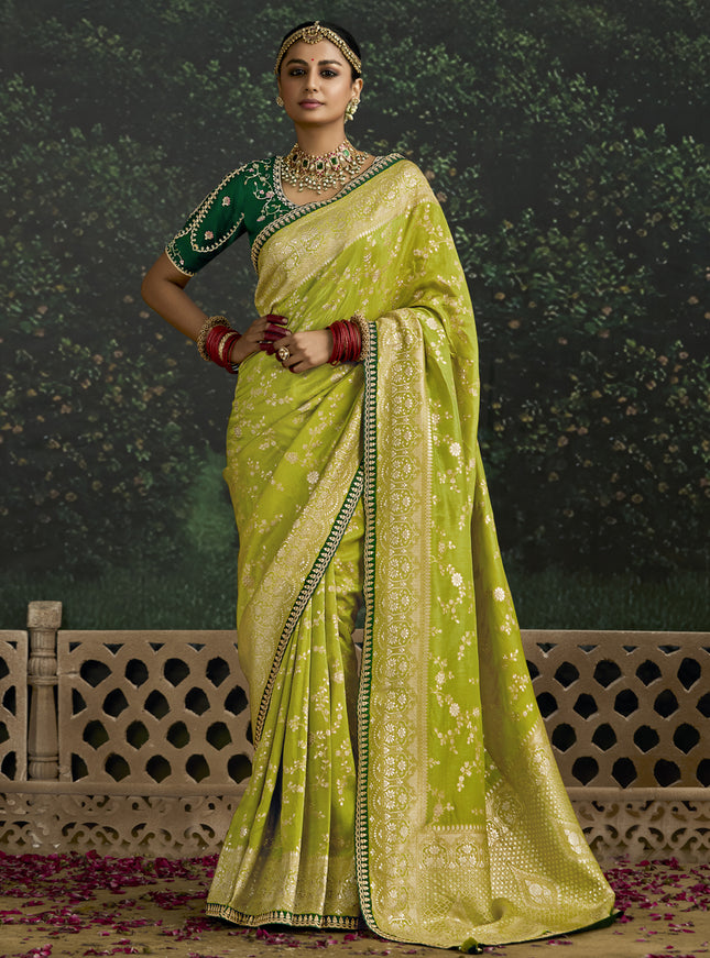 Beautiful Lime Green Dola Silk Embroidered Wedding Saree