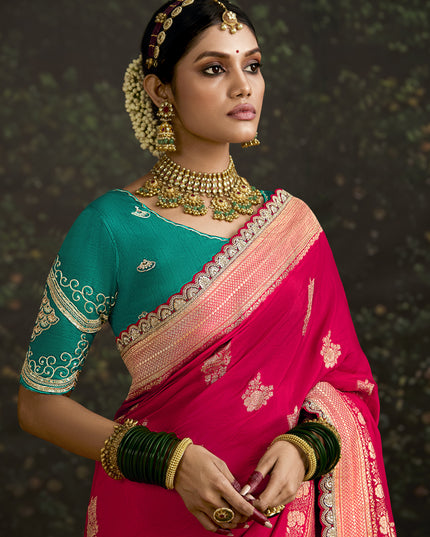 Charming Rani Pink Dola Silk Embroidered Wedding Saree