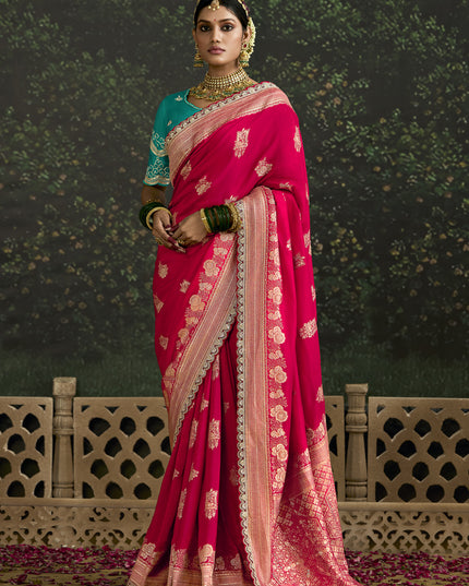 Charming Rani Pink Dola Silk Embroidered Wedding Saree