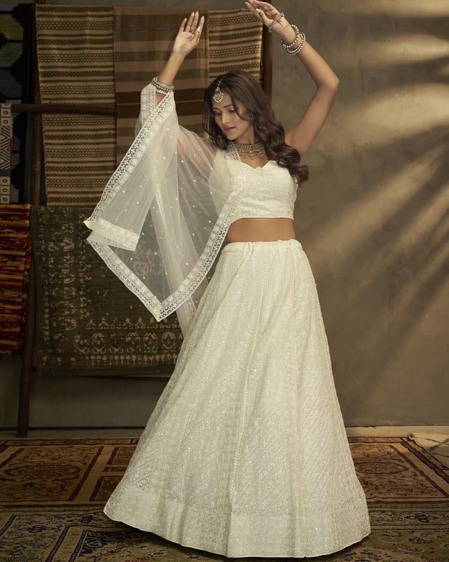 White Georgette Embroidered Lehenga Choli
