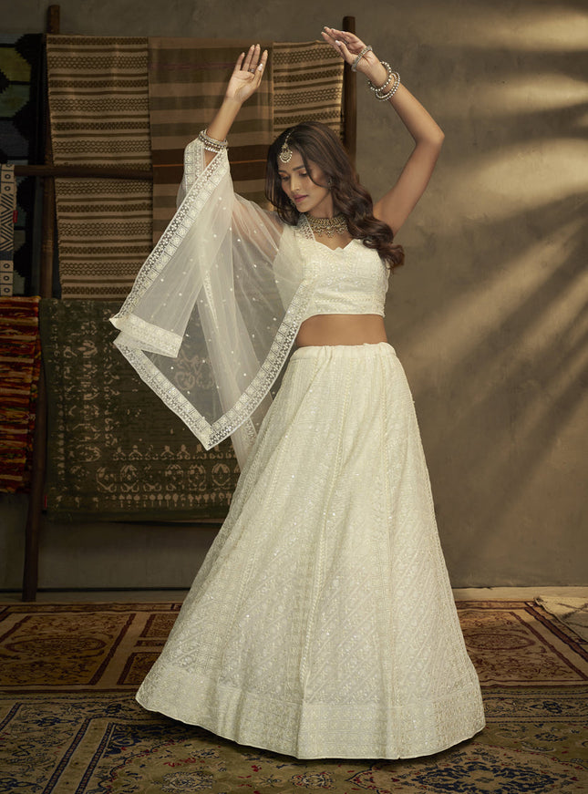 White Georgette Embroidered Lehenga Choli