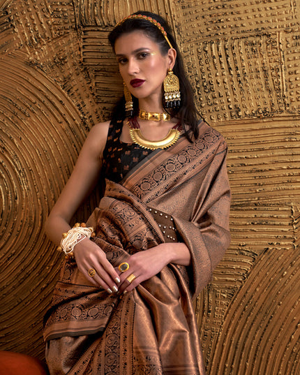 Brown Handloom Weaving Silk Zari Woven Saree