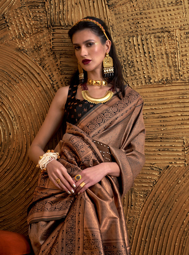Brown Handloom Weaving Silk Zari Woven Saree