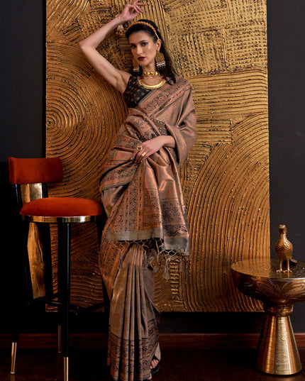 Brown Handloom Weaving Silk Zari Woven Saree