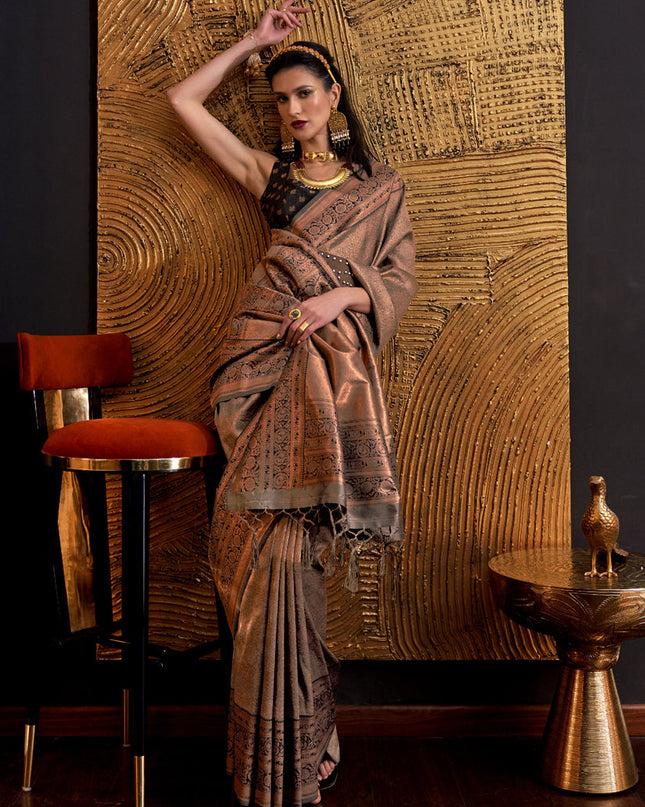 Brown Handloom Weaving Silk Zari Woven Saree