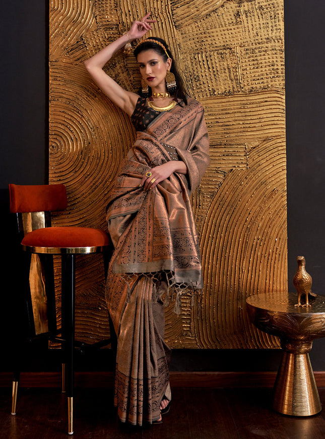 Brown Handloom Weaving Silk Zari Woven Saree
