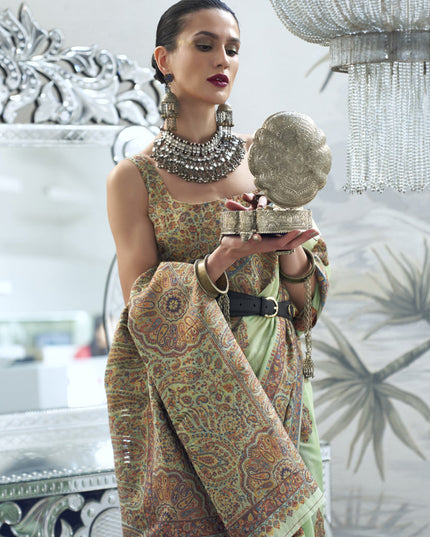 Pistachio Green Silk Kashmiri Handloom Weaving Saree