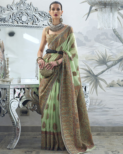 Pistachio Green Silk Kashmiri Handloom Weaving Saree