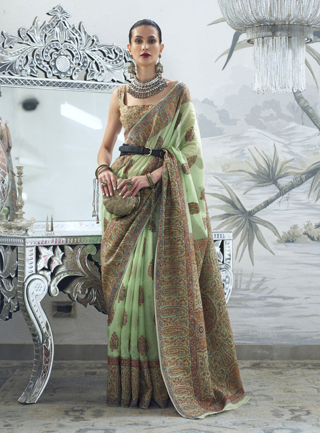 Pistachio Green Silk Kashmiri Handloom Weaving Saree