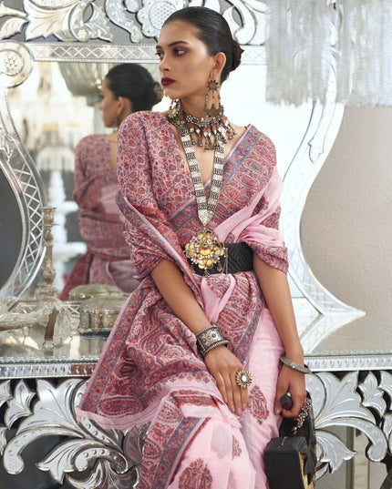 Rose Pink Silk Kashmiri Handloom Weaving Saree