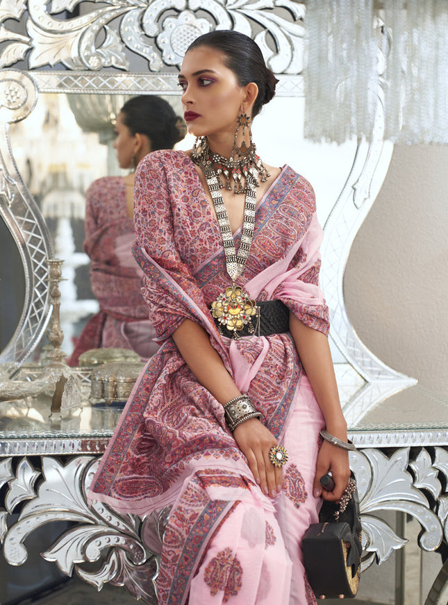 Rose Pink Silk Kashmiri Handloom Weaving Saree