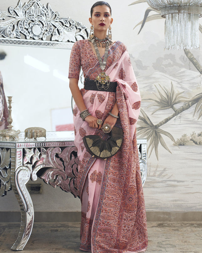 Rose Pink Silk Kashmiri Handloom Weaving Saree