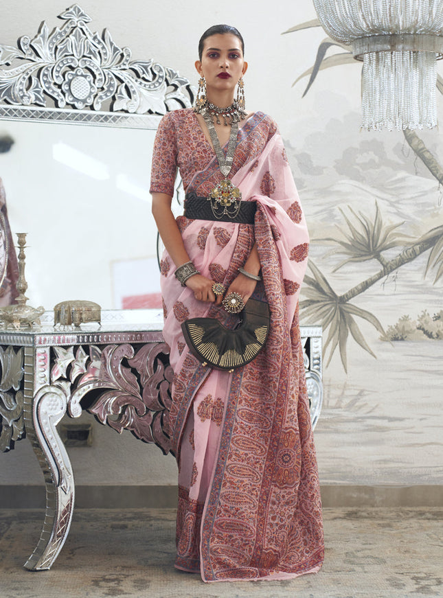 Rose Pink Silk Kashmiri Handloom Weaving Saree