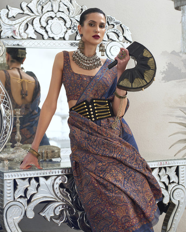 Navy Blue Silk Kashmiri Handloom Weaving Saree