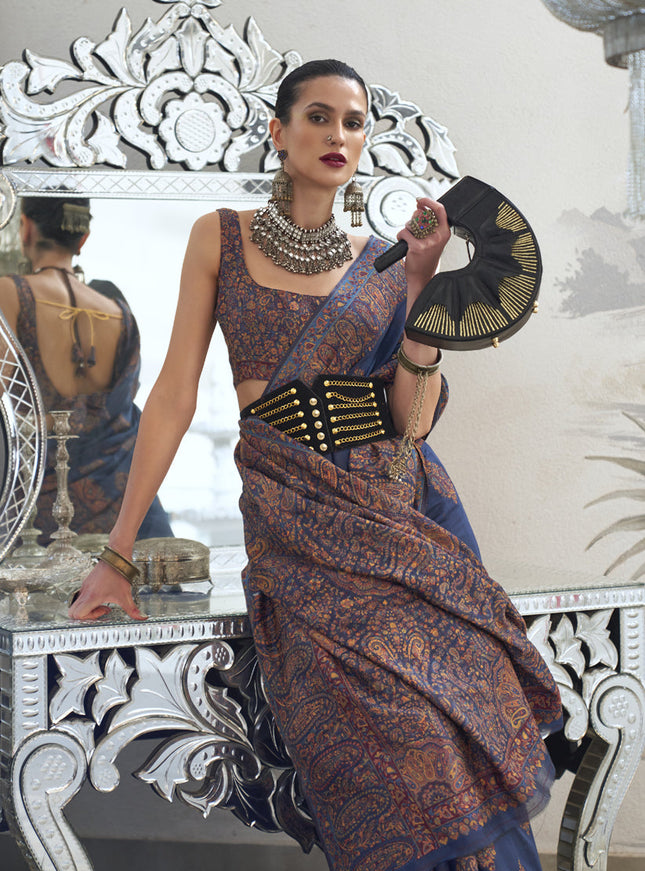 Navy Blue Silk Kashmiri Handloom Weaving Saree