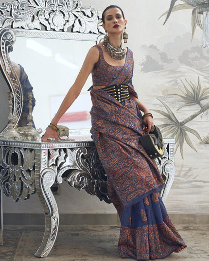 Navy Blue Silk Kashmiri Handloom Weaving Saree
