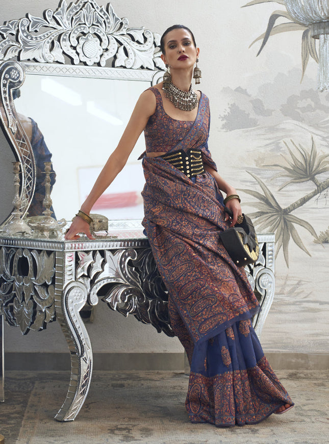 Navy Blue Silk Kashmiri Handloom Weaving Saree