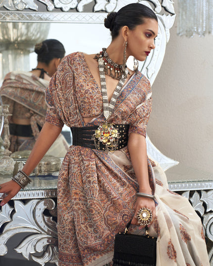 Off White Silk Kashmiri Handloom Weaving Saree