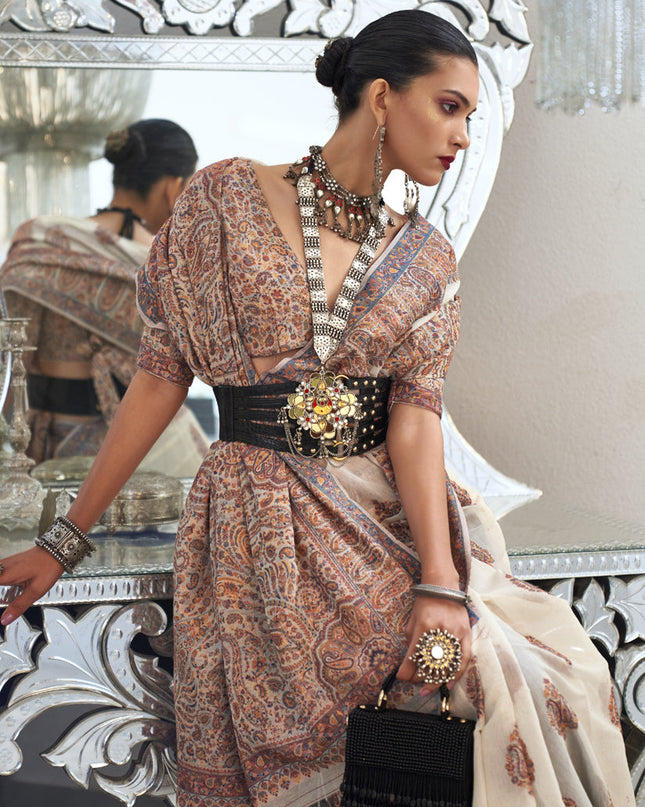 Off White Silk Kashmiri Handloom Weaving Saree