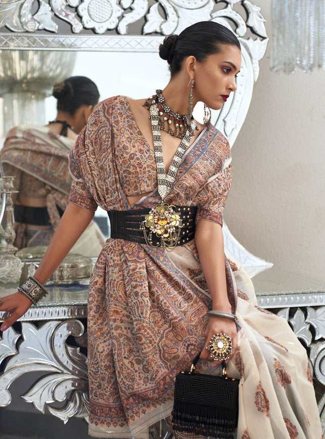 Off White Silk Kashmiri Handloom Weaving Saree