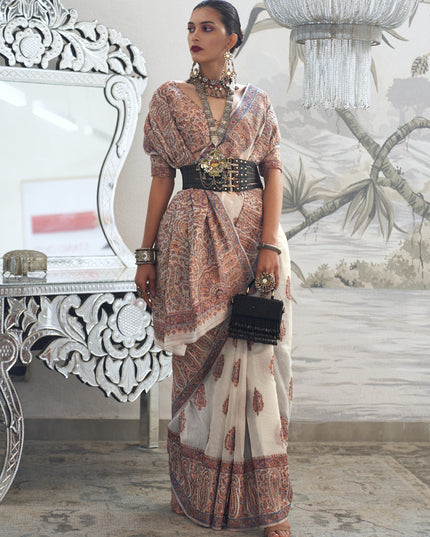 Off White Silk Kashmiri Handloom Weaving Saree