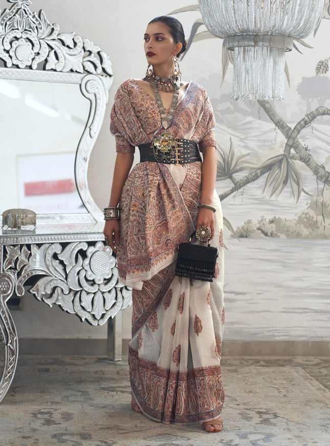 Off White Silk Kashmiri Handloom Weaving Saree