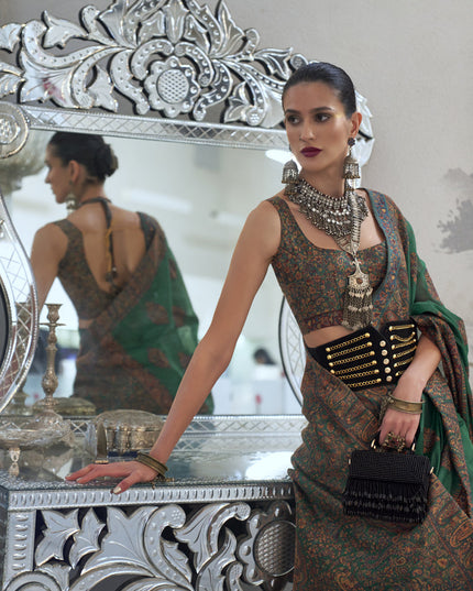 Emerald Green Silk Kashmiri Handloom Weaving Saree