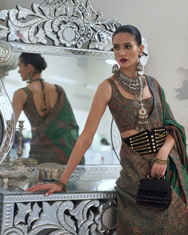 Emerald Green Silk Kashmiri Handloom Weaving Saree