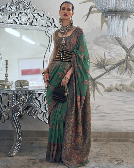 Emerald Green Silk Kashmiri Handloom Weaving Saree