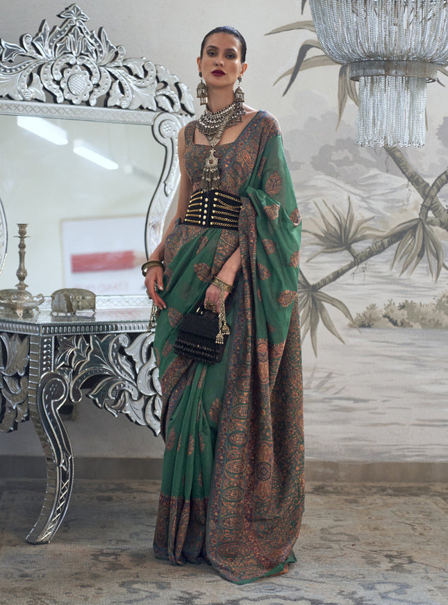 Emerald Green Silk Kashmiri Handloom Weaving Saree