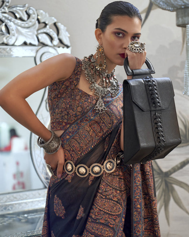 Black Silk Kashmiri Handloom Weaving Saree