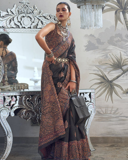 Black Silk Kashmiri Handloom Weaving Saree