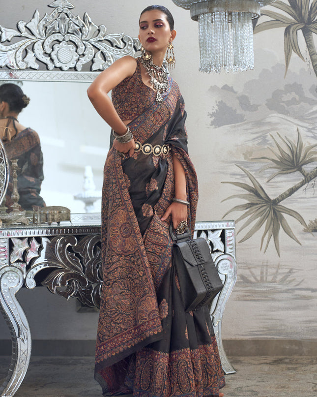 Black Silk Kashmiri Handloom Weaving Saree