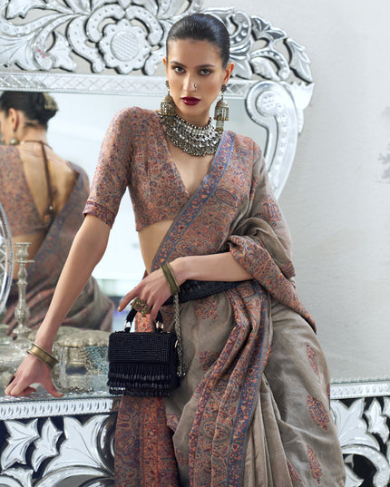 Taupe Silk Kashmiri Handloom Weaving Saree
