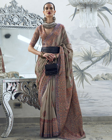 Taupe Silk Kashmiri Handloom Weaving Saree