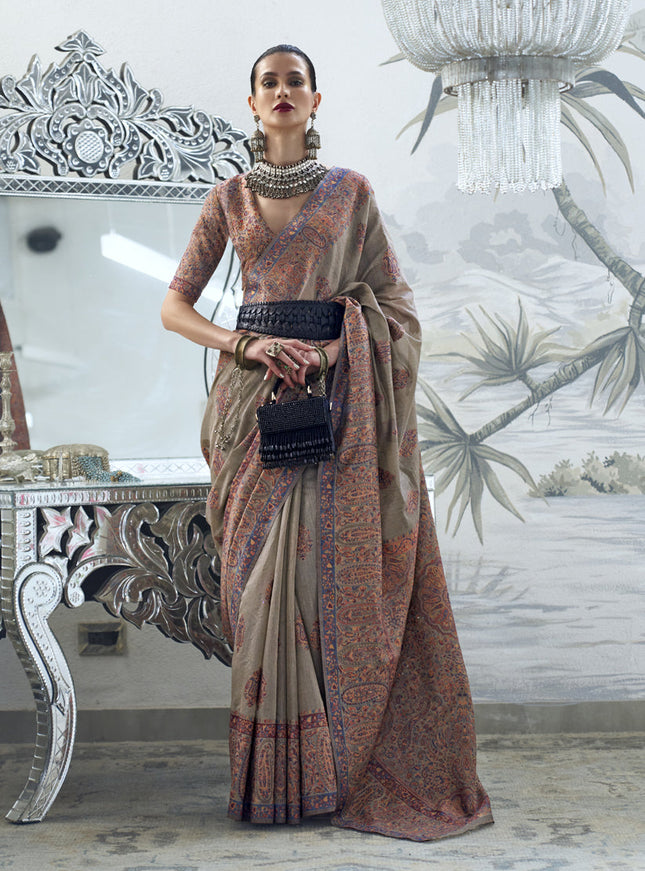 Taupe Silk Kashmiri Handloom Weaving Saree