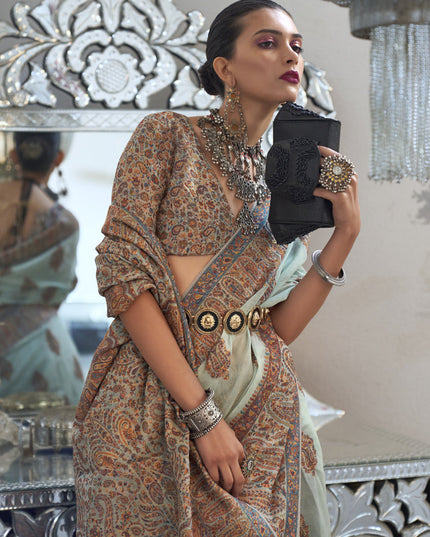 Ice Blue Silk Kashmiri Handloom Weaving Saree