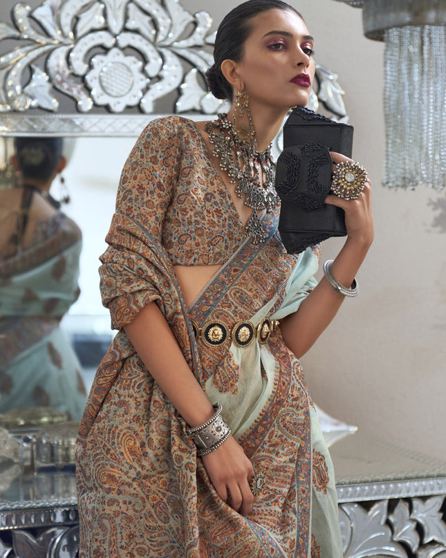 Ice Blue Silk Kashmiri Handloom Weaving Saree