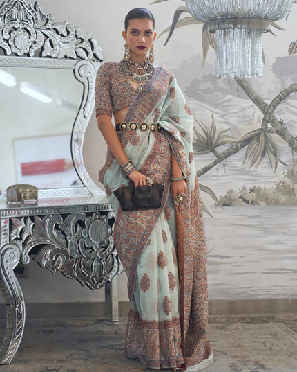 Ice Blue Silk Kashmiri Handloom Weaving Saree