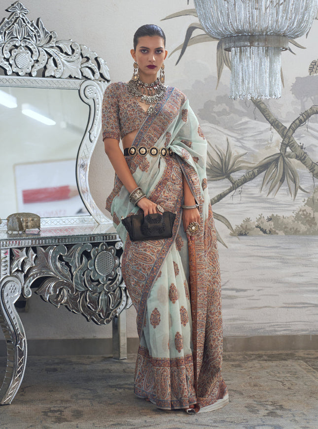 Ice Blue Silk Kashmiri Handloom Weaving Saree