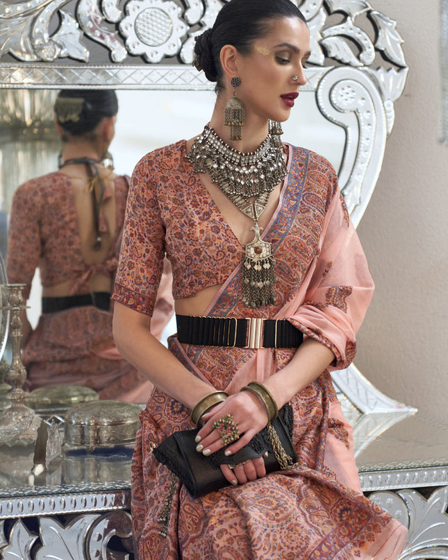 Blush Peach Silk Kashmiri Handloom Weaving Saree