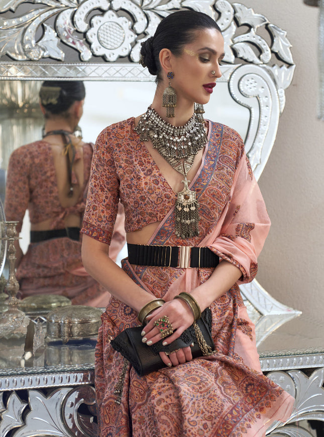 Blush Peach Silk Kashmiri Handloom Weaving Saree