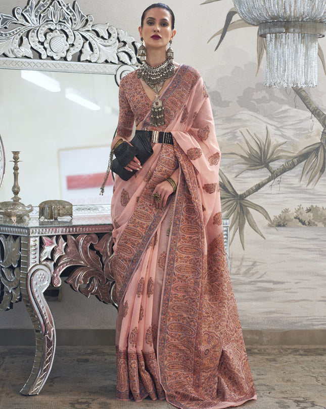 Blush Peach Silk Kashmiri Handloom Weaving Saree