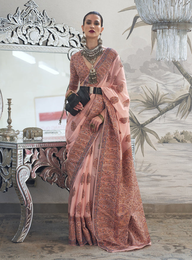 Blush Peach Silk Kashmiri Handloom Weaving Saree