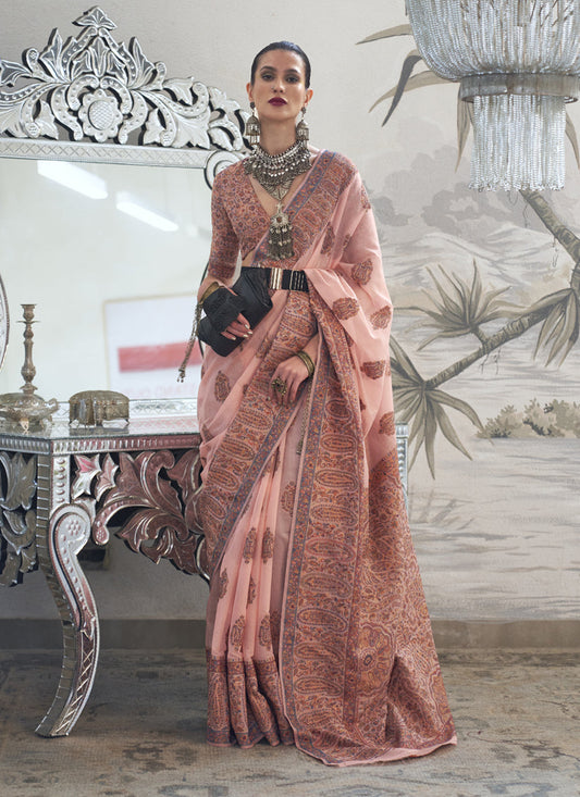 Blush Peach Silk Kashmiri Handloom Weaving Saree
